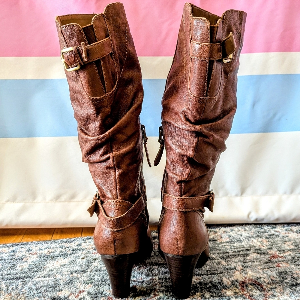 Guess Magy Brown Leather Scrunch Boots Buckled Heeled Western Rustic Fall Y2K 8 - Picture 6 of 11
